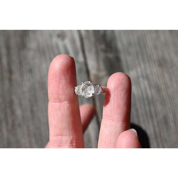 Three Stone Raw Diamond Engagement Ring, Unique Wedding Band Solid Sterling - Picture 4 of 10